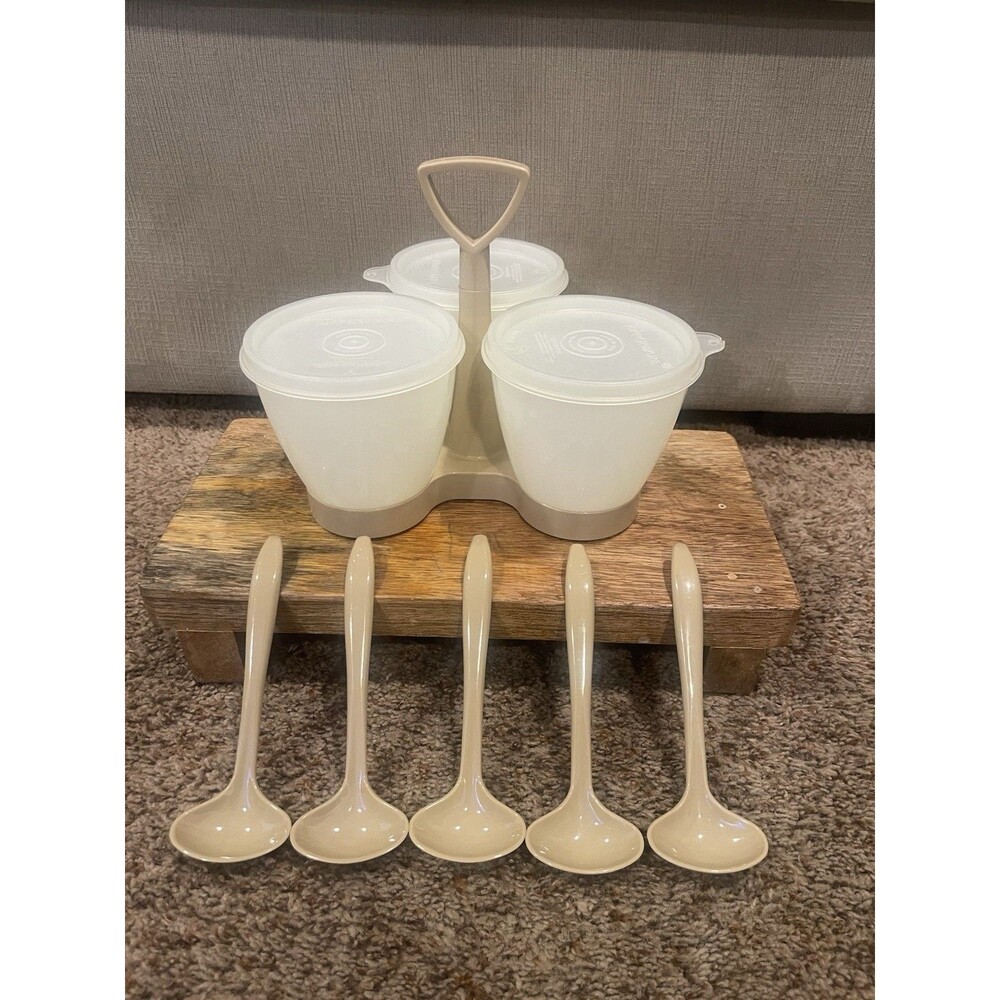 Vintage Tupperware Almond Condiment Caddy #757 Set 3 Bowls Lids & 5 Ladles